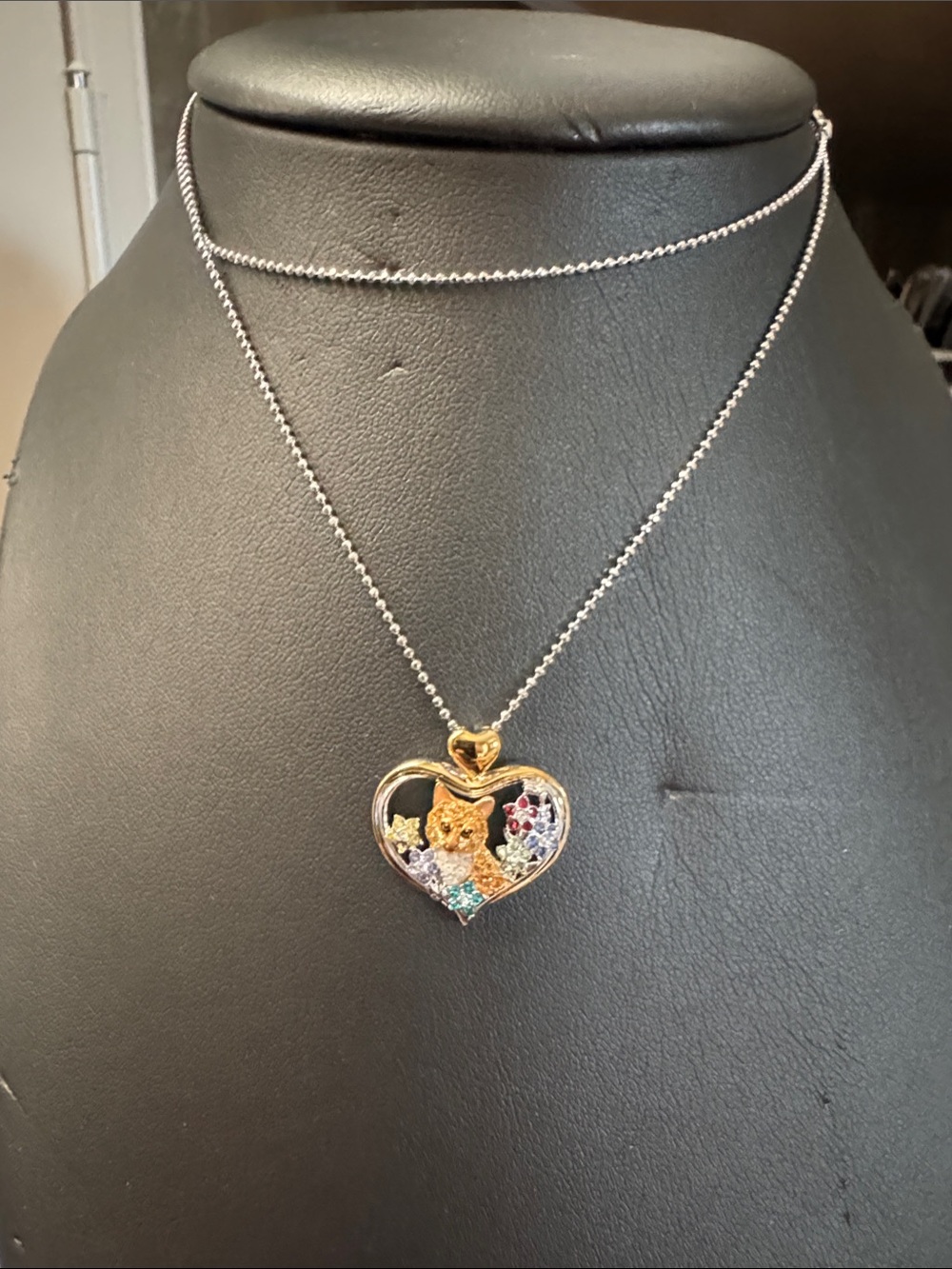 The Bradford Exchange 925‎ Gold Tone Heart CAT Pendant Necklace with Gem Accents